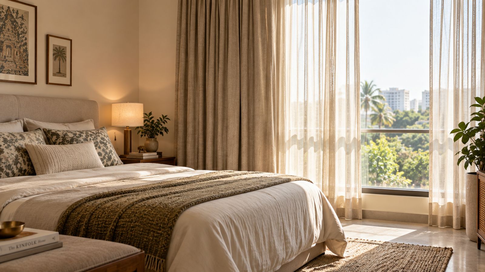 Bedroom with layered sheer and curtain over the window