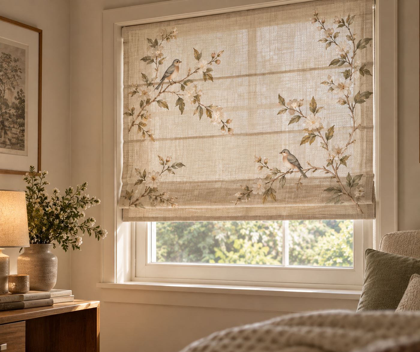 Roman blind with a floral bird pattern