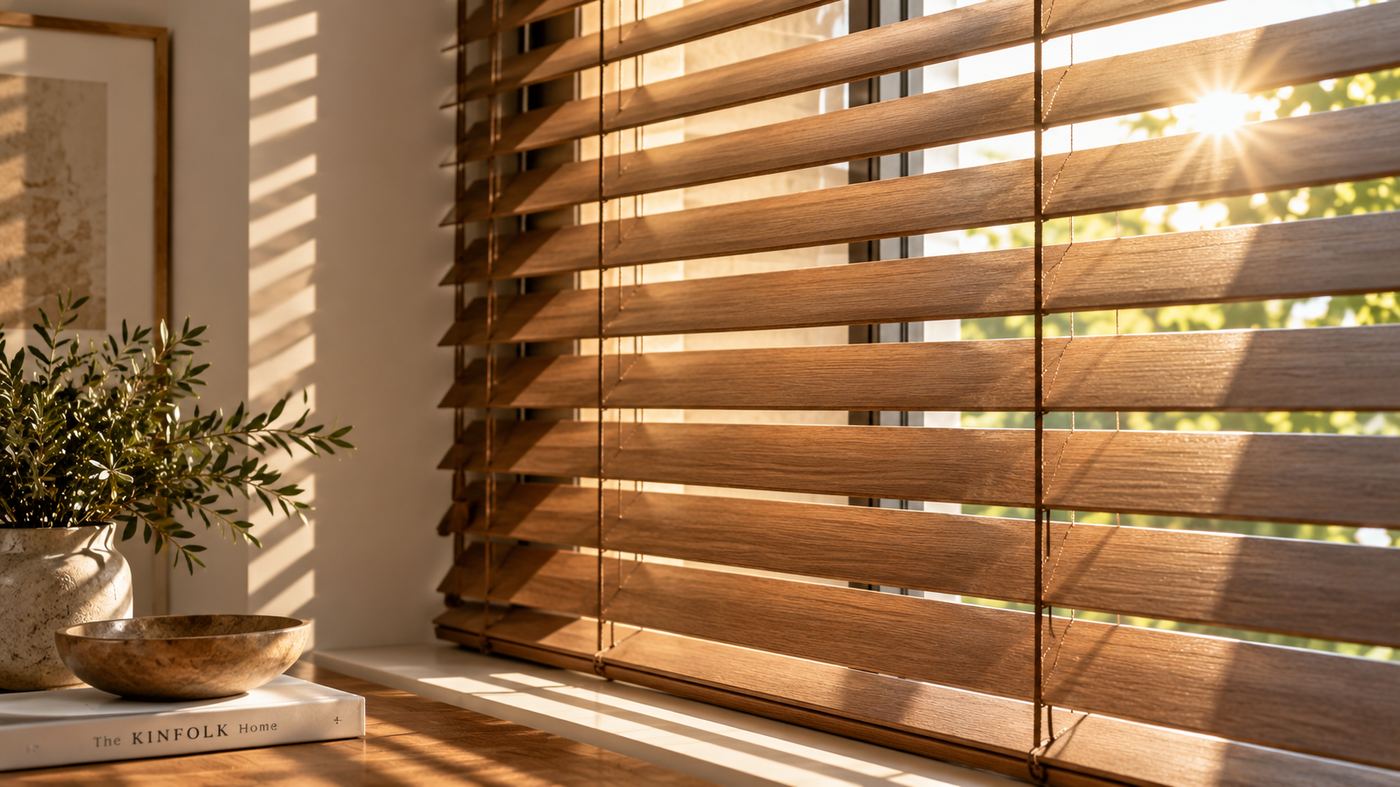 Wooden venetian blind slats in warm sunlight