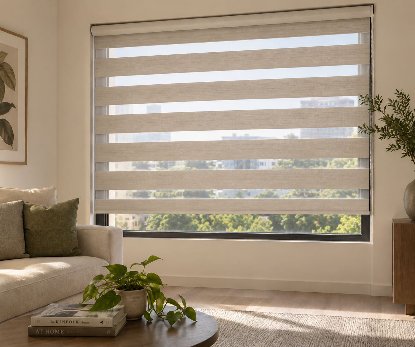 Striped zebra day and night blind in a living room