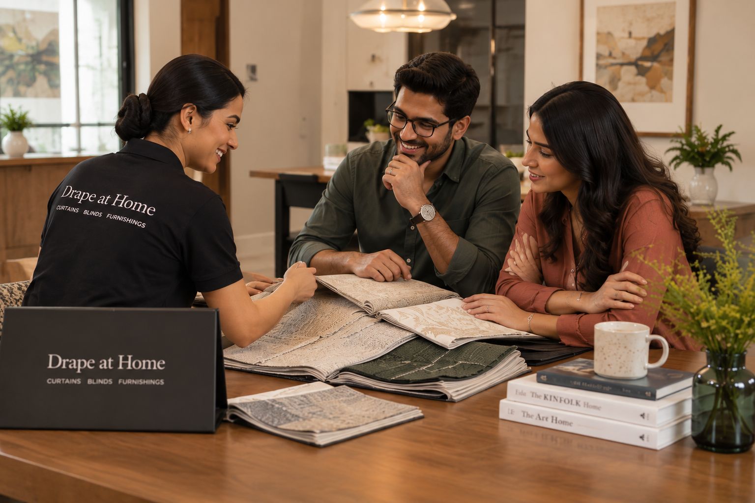The Draper consultant showing fabric samples to a couple at home