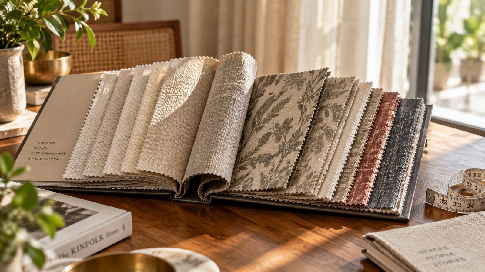 Open fabric swatch book showing a range of curtain fabrics