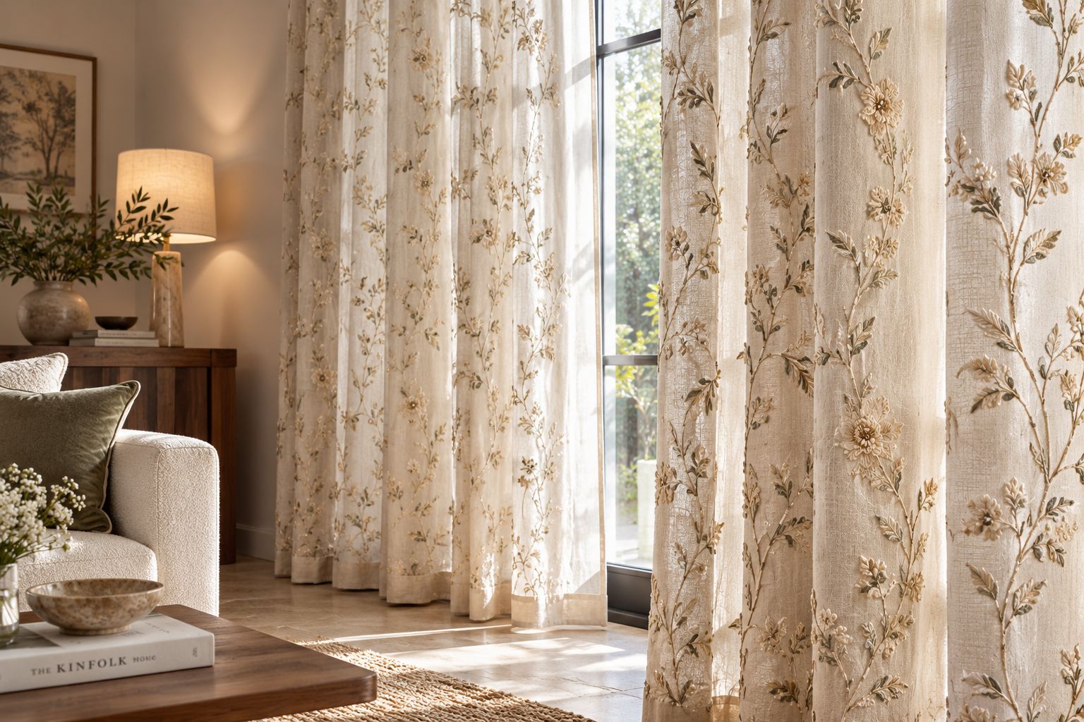 Embroidered sheer curtain with floral detail