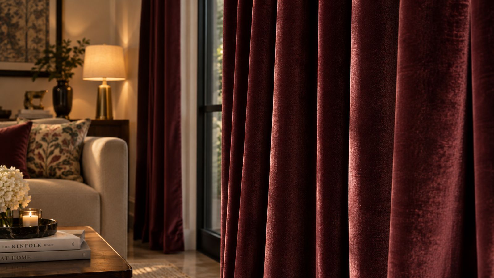 Rich burgundy velvet curtain in a warm living room