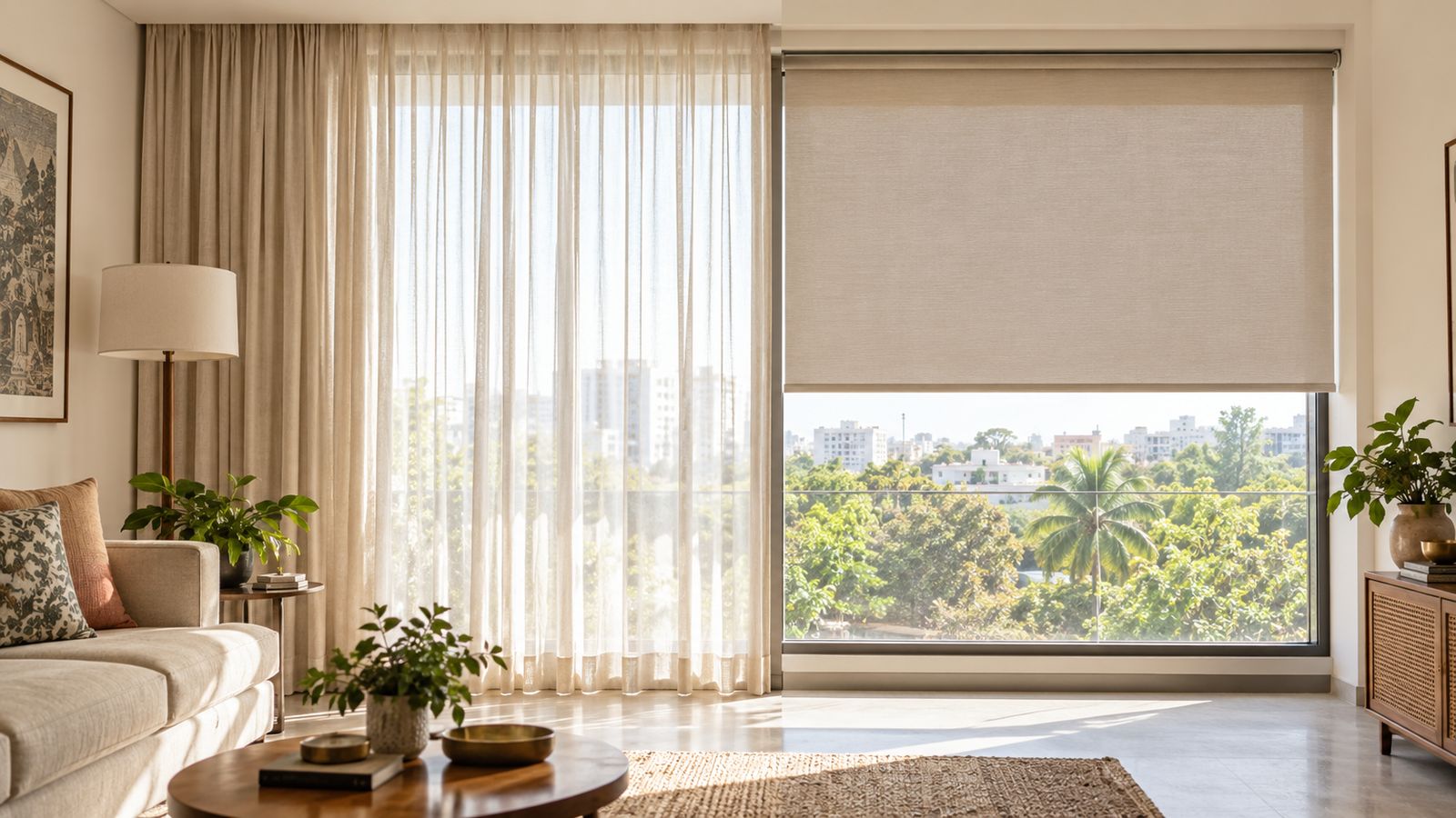 Curtains and a roller blind side by side on the same window